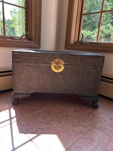 Carved Wood and Woven Trunk with Brass Hardware