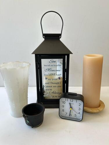 Miscellaneous Decor Lot: Lantern, Vase, Ashtray, Clock, Mini Kettle