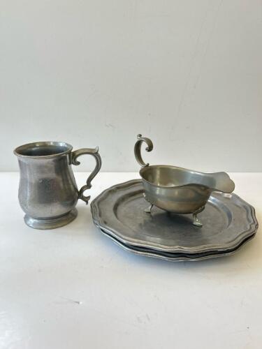 Pewter Plates, Mug, and Gravy Boat Assortment