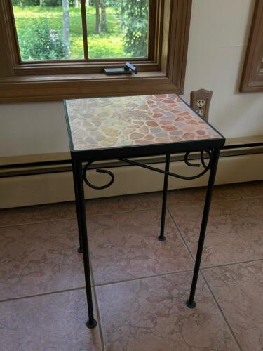 Mosaic Tile Top Metal Accent Table, Leaf and Stone
