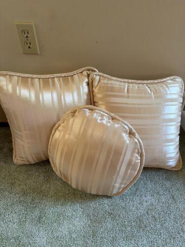 Three Ivory Satin Stripe Decorative Pillows