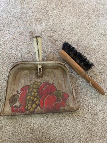Vintage Painted Metal Dustpan and Brush Set