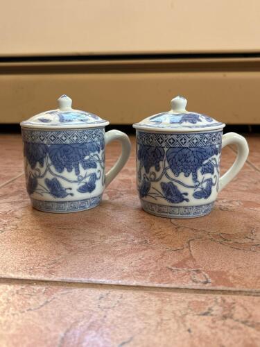 Pair of Blue and White Chinese Ceramic Lidded Tea Mugs