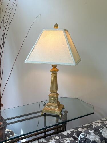 Neoclassical Style Brass Tone Table Lamp with Fabric Shade