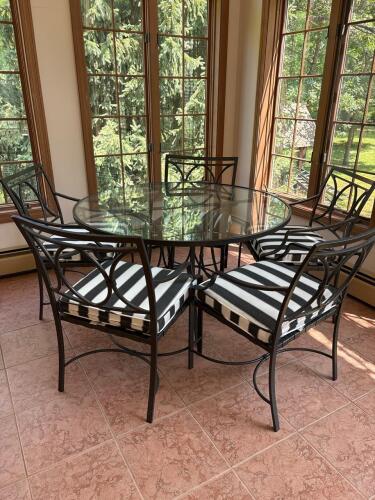 Wrought Iron Glass Top Table with Five Chairs