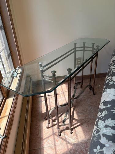 Glass Console Table with Wrought Iron Style Base