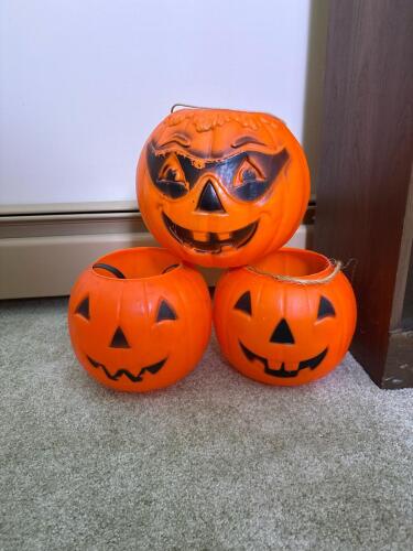 Trio of Vintage Halloween Jack-O'-Lantern Pumpkin Buckets