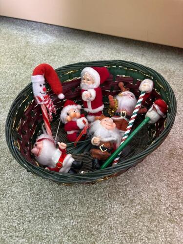 Basket of Flocked Christmas Santa Ornaments and Pencil Toppers