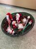 Basket of Flocked Christmas Santa Ornaments and Pencil Toppers