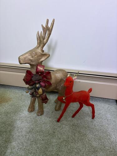 Paper Mache and Flocked Reindeer Figures - Set of Two