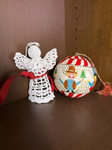 Vintage Foreside Folk Art Ball Ornament and Crocheted Angel Lot