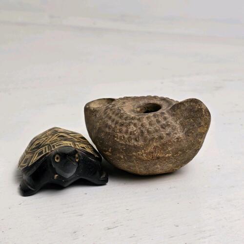 Carved Stone Tortoise and Small Clay Oil Lamp