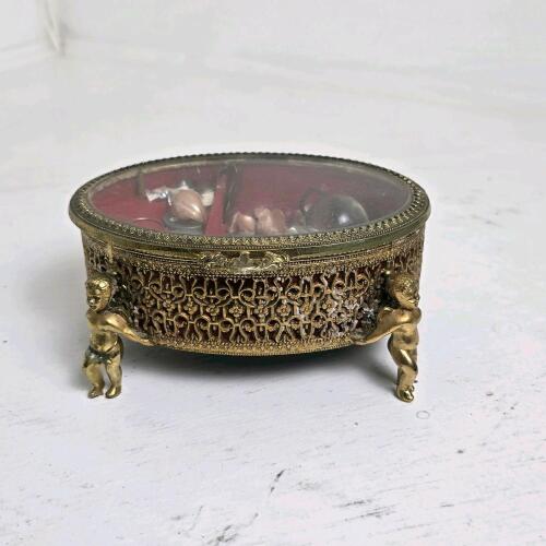 Vintage Ornate Metal Cherub Footed Jewelry Music Box