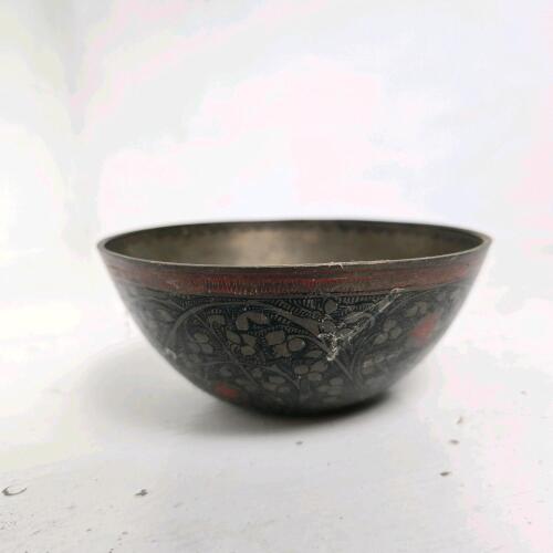 Decorated Metal Bowl with Black and Red Design