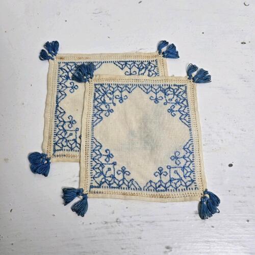 Pair of Embroidered Linen Coasters with Tassels
