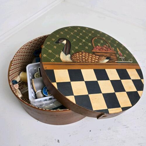 Painted Round Wooden Sewing Box with Contents