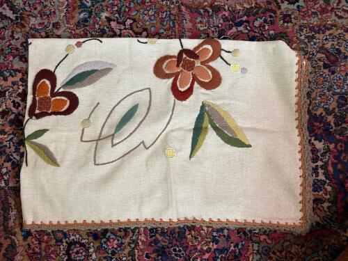 Embroidered Floral Textile with Crochet Trim