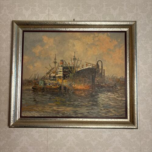 26.5" x 22.75" Framed Signed Oil on Canvas Industrial Harbor Painting