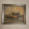 26.5" x 22.75" Framed Signed Oil on Canvas Industrial Harbor Painting