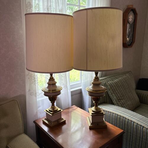 Pair of 36" Traditional Brass-Tone Table Lamps with Drum Shades