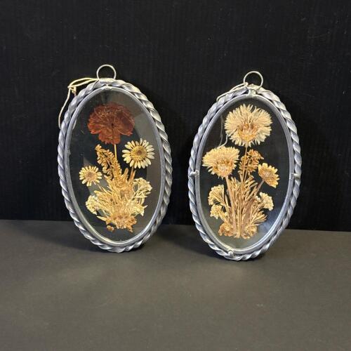 Pair of Vintage Pressed Flower Glass Suncatchers