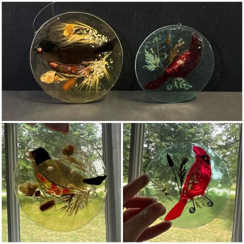 Pair of Vintage Bird Sun Catchers - Goldfinch and Cardinal