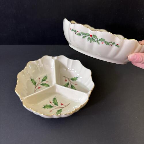 Pair of Lenox Holiday Three-Section Divided Serving Dishes