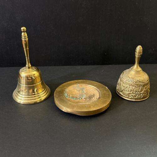 Pair of Brass Handbells and Brass Ashtray