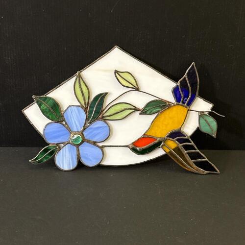 Colorful Hummingbird and Flower Stained Glass Window Panel