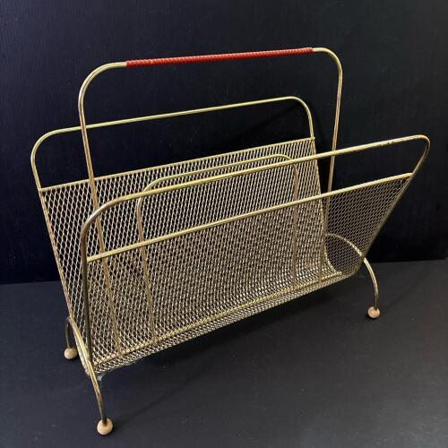 Vintage Brass-Tone Metal Mesh Magazine Rack