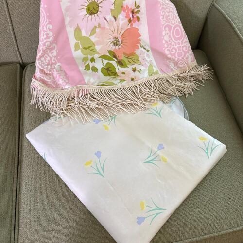 Two Vintage Vinyl Tablecloths - Round and Square