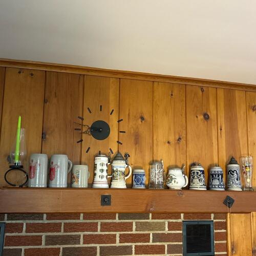 Assorted Beer Steins, Mugs, Hurricane Candle Holder and Glass Lot