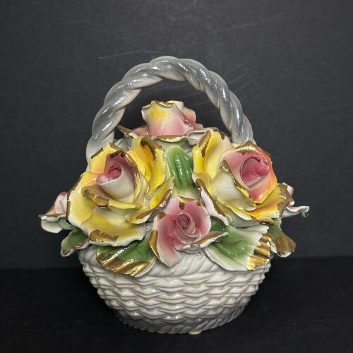 Vintage Capodimonte Ceramic Basket with Roses