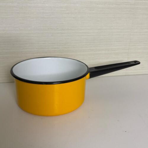 Vintage Yellow Enamel Saucepan with Black Handle