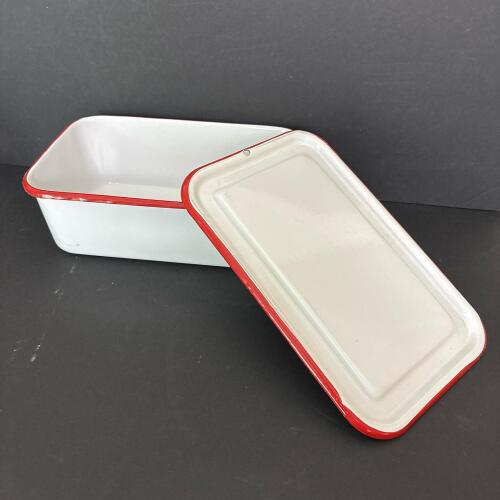Vintage White Enamelware Lidded Pan with Red Trim