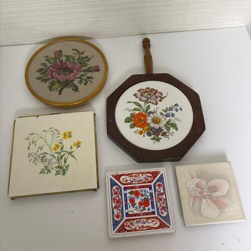 Five Vintage Floral Trivets and Needlepoint Hot Pad