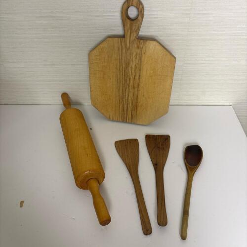 Wooden Rolling Pin, Cutting Board, & Utensils Set