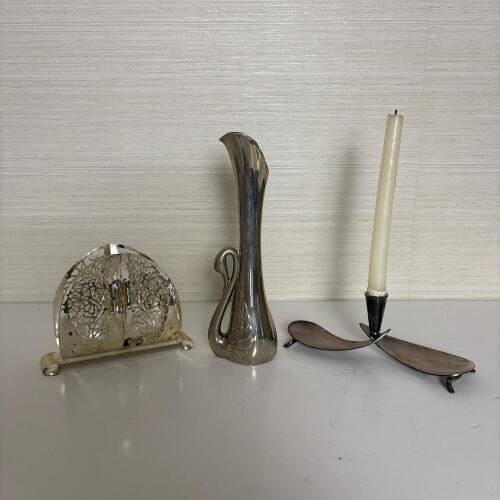 Vintage Metal Candle Holder, Vase, & Napkin Holder