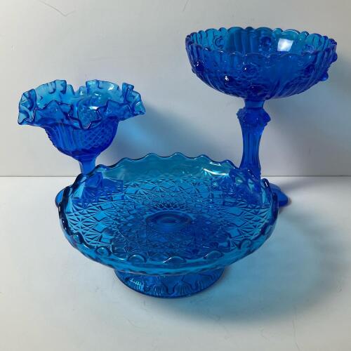 Three Blue Pressed Glass Compote and Candy Dishes