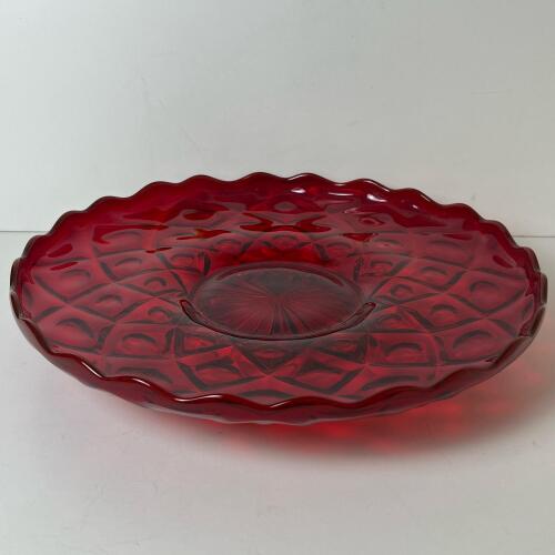 Red Pressed Glass Dish with Diamond Pattern