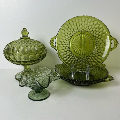 Lot Of Green Pressed Glass Dishes