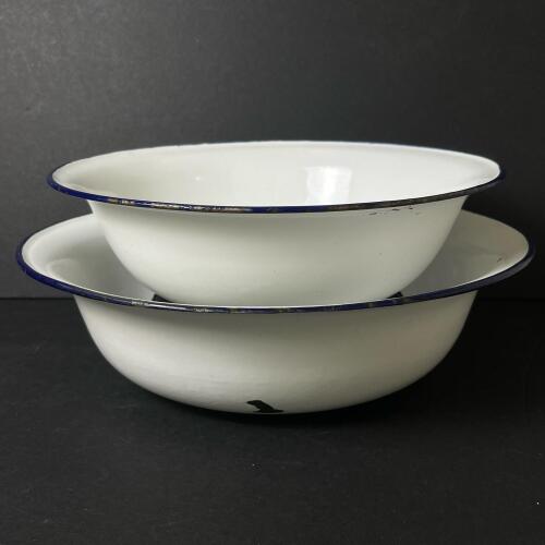 Pair White Enamelware Utility Bowls