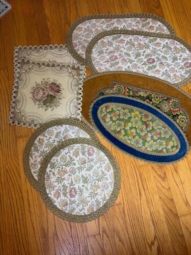 Assorted Floral Brocade and Velvet Placemats, Doilies