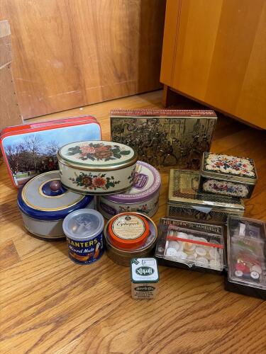 Assorted Vintage Tins with Sewing Thread and Buttons