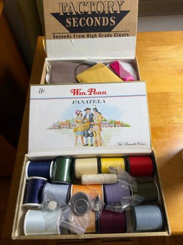 Two Vintage Cigar Boxes with Sewing Supplies