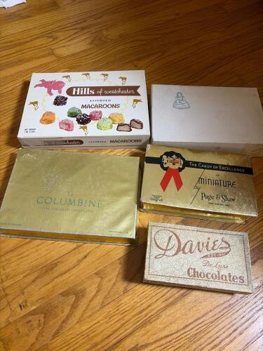 Five Vintage Candy Boxes with Sewing Supplies