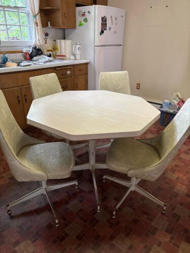 Vintage Mid-Century Modern Laminate Octagonal Table & 4 Swivel Caster Chairs