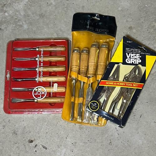 Three Assorted Tool Sets: Vise-Grip, Lux, Chisels