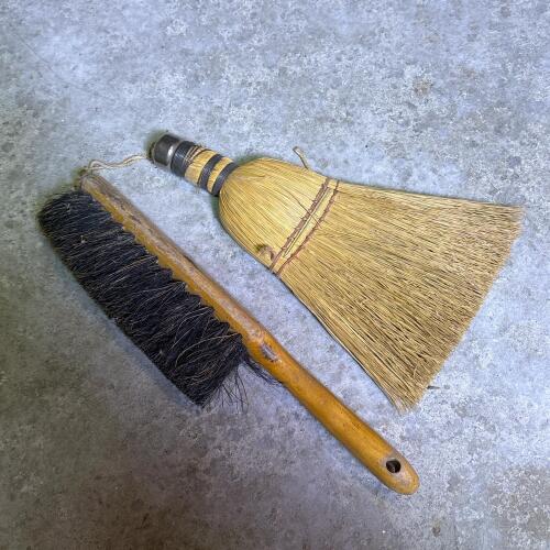 Two Vintage Hand Brooms, Straw and Bristle