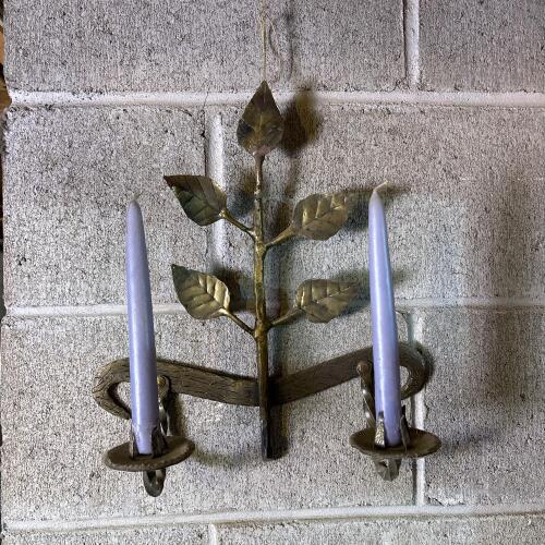 Two-Arm Metal Wall Candle Sconce with Leaf Motif